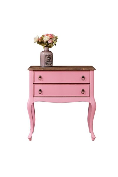 ROYS AHŞAP Ahşap P3540 Pembe Üstü Ceviz Eskitme Çift Çekmeceli Komodin Telefonluk