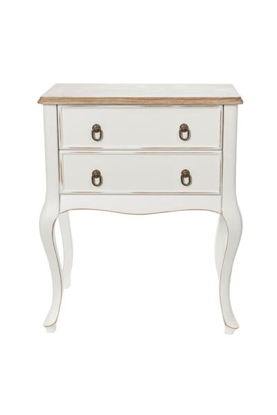 ROYS AHŞAP Ahşap B3540 Beyaz Eskitme Çift Çekmeceli Komodin Telefonluk