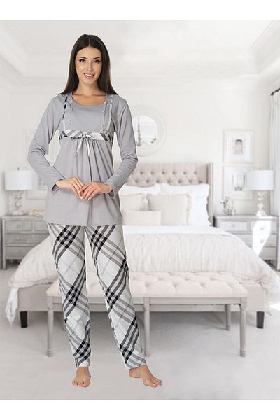 Effortt Zerre Bebe Women's Gray Long Sleeve Maternity Pajama Set 8082