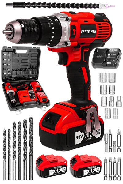 STEİNER Germany Technology Darbeli 13mm 58 V 5 Ah Çift Xr Akülü Şarjlı Vidalama Matkap Kırmızı + Set