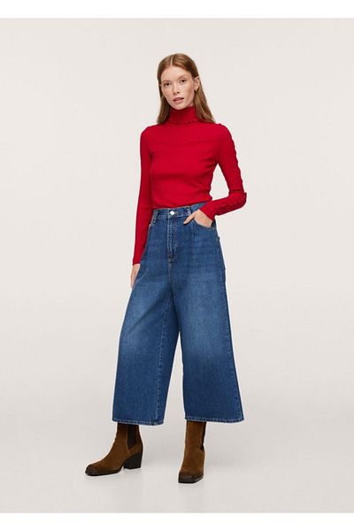 MANGO Woman Rotes, langärmliges, geripptes Damen-T-Shirt
