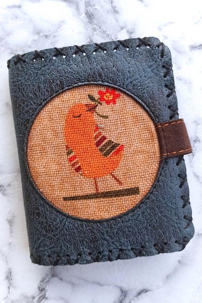 Fildişi Aksesuar Blue Floral Patterned Vegan Leather Women's Wallet - Handmade with Bird Image
