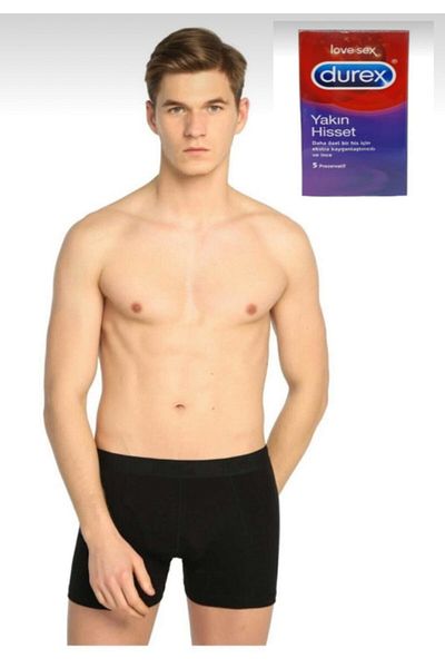 Tutku Ανδρικό Μαύρο Χρώμα 3 Πακέτο Lycra Boxer & Durex Προφυλακτικό