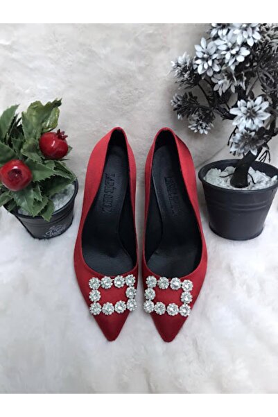 LADİESHOE Şampanya Topuk Taşlı Stiletto Kırmızı