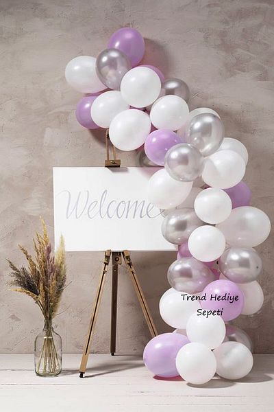 Trend Hediye Sepeti Metallic Pearlescent Pearl White - Silver Gray - Lilac 100 Piece Balloon Chain