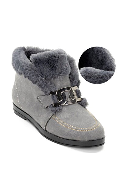 MixBrand Kadın Gri Kürk Astarlı Düz Tabanlı 2 Cm Termo Tabanlı Bot