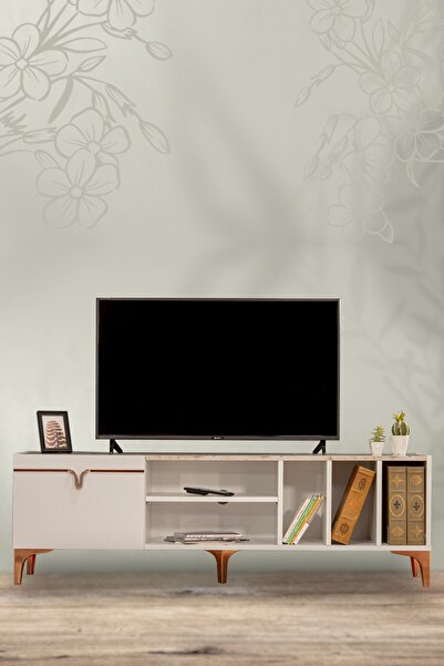 SANDALİE Pietra Tv Ünitesi - Beyaz Mermer Desenli 160 Cm 2 Kapaklı + 2 Raflı ...