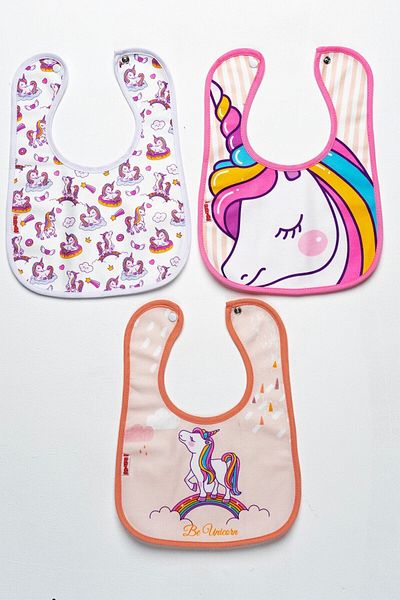 Mai Perla Unicorn themed 3 Piece Microfiber Bib - Waterproof and Snap-on in Its Own Box