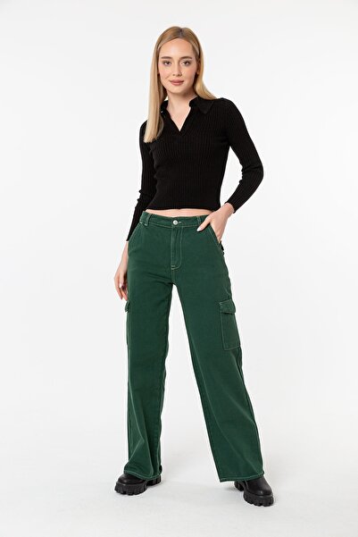 Darkly Jeans Yüksek Bel Yeşil Kontrast Kargo Wide Leg Jeans