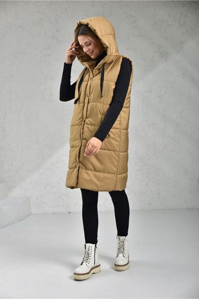 VOLT CLOTHİNG Дамска пухена жилетка с качулка и джобове с мляко и кафе