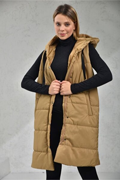 VOLT CLOTHİNG Γυναικείο φανελάκι με κουκούλα καφέ γάλακτος με τσέπες