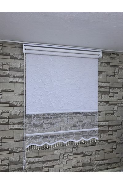 PERDECİNİZ Wrapped Small Rose Patterned Double System Tule Story Curtain White Color (Skirt Beaded)