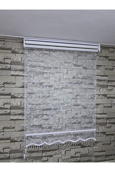 PERDECİNİZ Wrapped Small Rose Patterned Double System Tule Story Curtain White Color (Skirt Beaded)