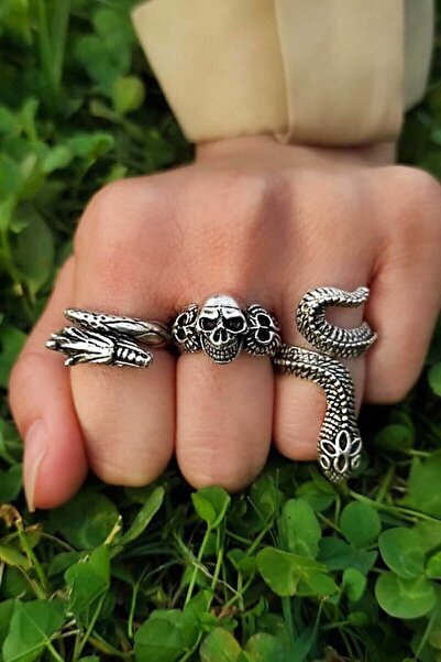 TREND COLLECTİON Unisex Gümüş Kaplama Ayarlanabilir Yüzük Set