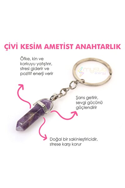 Mystic Energy Doğal Taş Ametist Taşı Çivi Kesim Anahtarlık | Hediyelik Doğaltaş