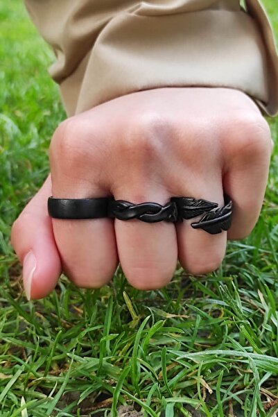 The Collection Siyah Kaplama Alyans Sarmal Tüy Model Ayarlanabilir Yüzük Set