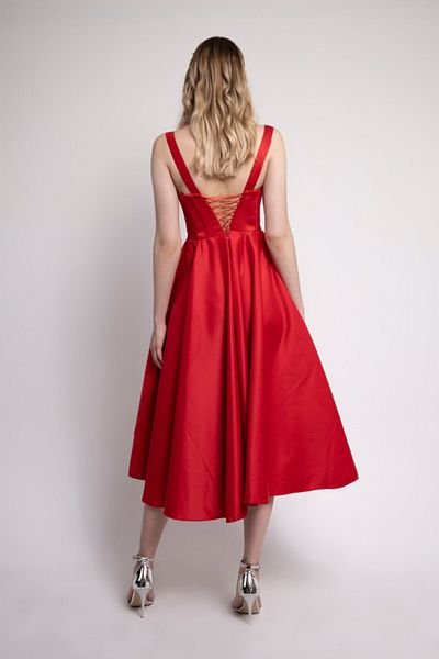 Lenta Moda Red Midi Length Satin Evening and Prom Dress