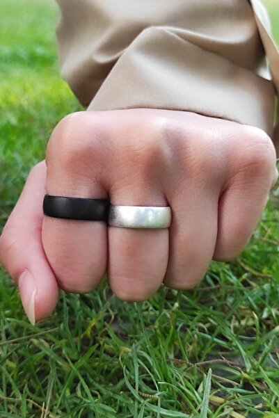 TREND COLLECTİON Halka Şövalye Sade Ayarlanabilir Siyah-gümüş Yüzük Set