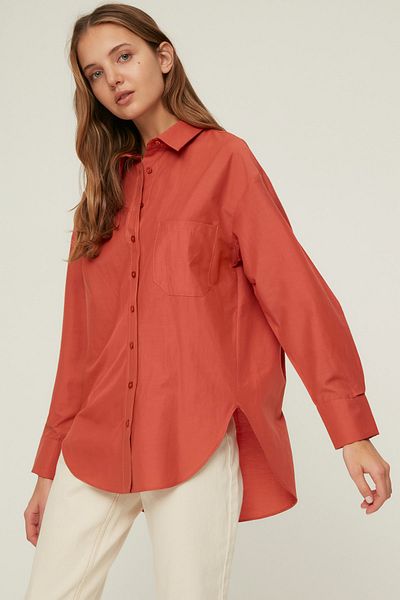 Trendyol Collection Płytka z pojedynczą kieszenią Boyfriend/Szeroka bawełniana tkana koszula TWOAW20GO0115