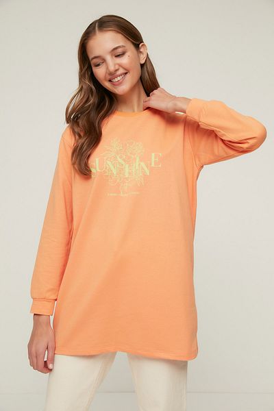 Trendyol Modest Orange Crew Neck Printed Detailed Knitted Sweatshirt TCTSS22TW0005