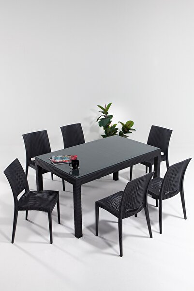 SANDALİE Rattan Camlı 90x150 Bahçe&balkon&teras Masa Seti - Antrasit