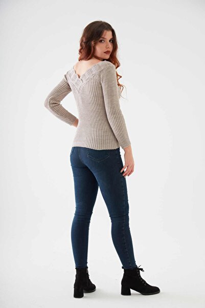 citycenterfashion Γυναικείο πέτρινο πουλόβερ γιακά Guipure