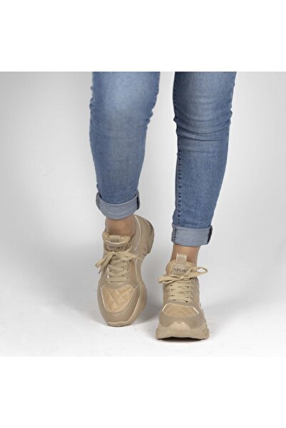 MixBrand Kadın Günlük Bej-nude Kapitone Detaylı Kalın Tabanlı 5 Cm Sneakers Spor Ayakkabı