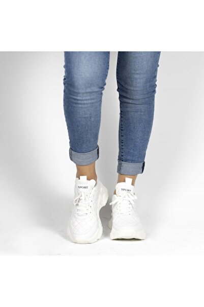 MixBrand Kadın Günlük Beyaz Kapitone Detaylı Kalın Tabanlı 5 Cm Sneakers Spor Ayakkabı