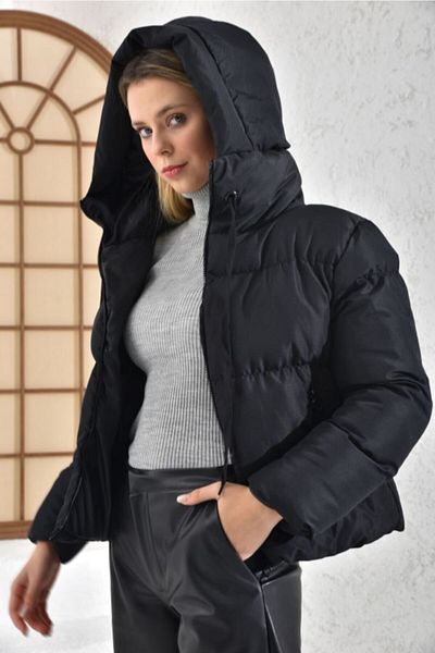 VOLT CLOTHİNG Palton negru cu glugă pentru femei