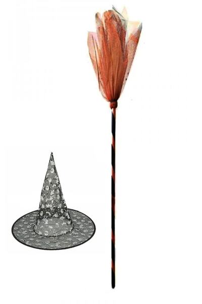 KozmoParti Halloween Cadı Süpürgesi Turuncu Cadı Şapkası Set Parti