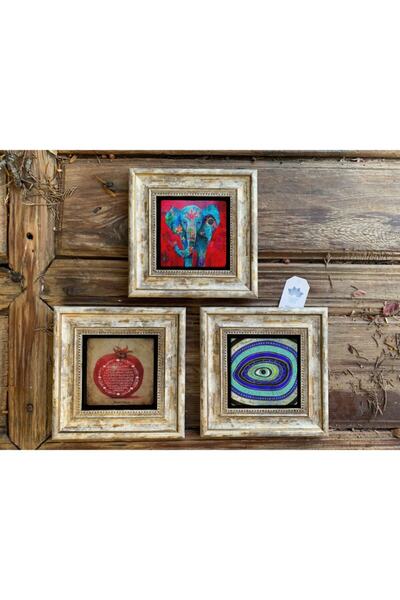 Oscar Stone Decor Çerçeveli Taş Duvar Dekoru Tablo 3'lü Set 20x20cm Yaşam Çiçeği Nazar Hayat Ağacı