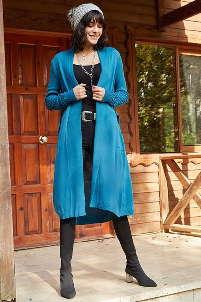 AQE FASHION Cardigan de buzunar albastru cu talie pentru femei