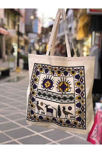 NADİR TEKSTİL Otantik Desen El Baskılı Körüklü Ham Bez/bez Çanta 46x42 Cm Sap Uzunluğu:63 Cm