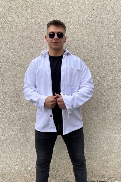 PUMP BUTİK Unisex White Oversize Single Pocket Fleece Lumberjack Shirt