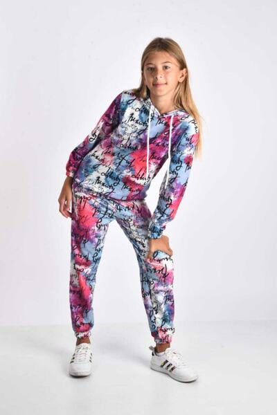 Elvinsa Fuşya Mavi Yazılı Batik Desenli Kapüşonlu Cepli Kız Çocuk Mevsimlik E...