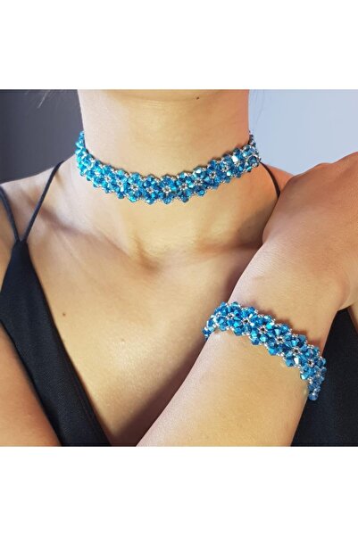 Handmade By HLY مجموعة المختنق المصنوعة يدويًا من حجر الكريستال الفضي الأزرق