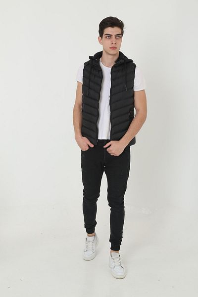 KMKkombin Men's Sports Padded Hooded Plus Size Inflatable Black Vest