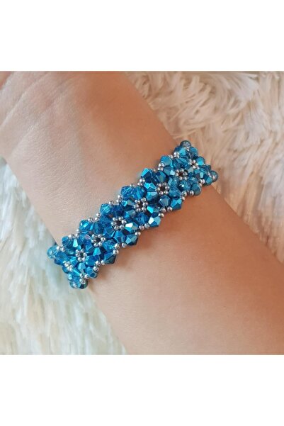 Handmade By HLY El Yapımı Mavi Gümüş Kristal Taş Detaylı Bileklik