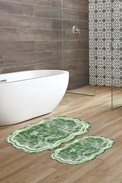 Alanur Home Laser Cut Djt 2 Pack Πλενόμενη αντιολισθητική βάση Χαλάκι μπάνιου Σετ Τουαλέτας 203 Figured Green