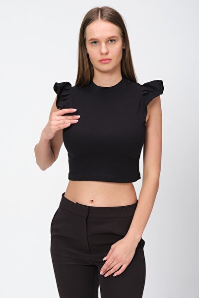 PUNKY CAT Women's Black Sleeve Ruffle Knitted Blouse