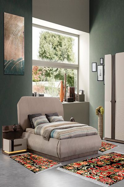 Alanur Home Eko Trend Djt Πλενόμενη αντιολισθητική βάση 3 τεμαχίων κρεβατοκάμαρας P1333 Ethnic Claret Red