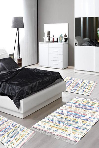 Alanur Home Eko Trend Djt Πλενόμενη αντιολισθητική βάση 3 τεμαχίων υπνοδωματίου F5014 Nordic Colorful