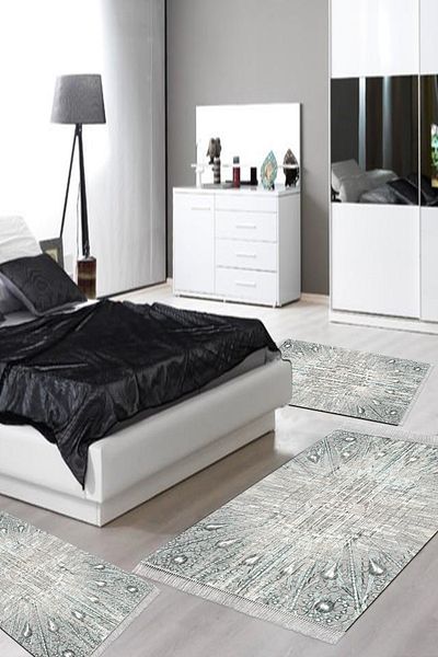 Alanur Home Eko Trend Djt Πλενόμενη αντιολισθητική βάση 3 τεμαχίων κρεβατοκάμαρας 743 Μοντέρνο Μπλε