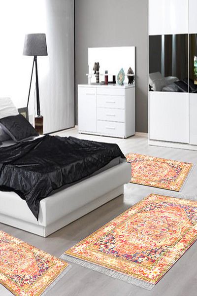 Alanur Home Eko Trend Djt Πλενόμενη αντιολισθητική βάση 3 τεμαχίων κρεβατοκάμαρας 1697 Persian Orange