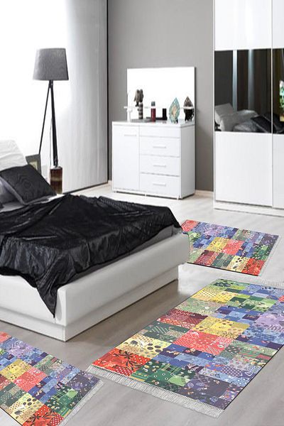 Alanur Home Eko Trend Djt Πλενόμενη αντιολισθητική βάση 3 τεμαχίων κρεβατοκάμαρας Mu148 Patchwork Πολύχρωμο