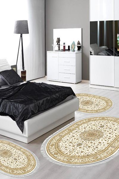 Alanur Home Eko Trend Djt Πλενόμενη αντιολισθητική βάση Οβάλ Σετ κρεβατοκάμαρας 3 τεμαχίων P1360 Ottoman Cream