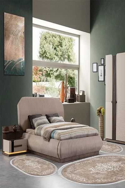 Alanur Home Eko Trend Djt Πλενόμενη αντιολισθητική βάση Οβάλ Σετ κρεβατοκάμαρας 3 τεμαχίων 616 Classic Beige