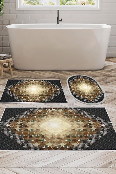 Alanur Home Eko Trend Djt 3-Pece Washable Non-Slip Σετ πατάκι μπάνιου 759 Patchwork Μαύρο