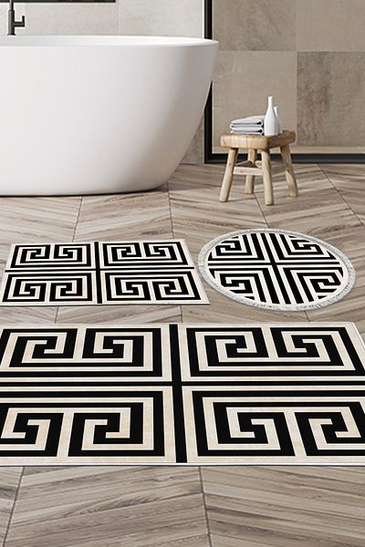 Alanur Home Eko Trend Djt 3-Pece Washable Αντιολισθητική Βάση Σετ Χαλάκι Μπάνιου 658m Μοντέρνο Μαύρο