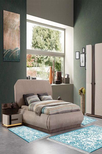 Alanur Home Set de dormitor din 3 piese cu bază anti-alunecare lavabilă Eko Trend Djt 744 Vintage Blue